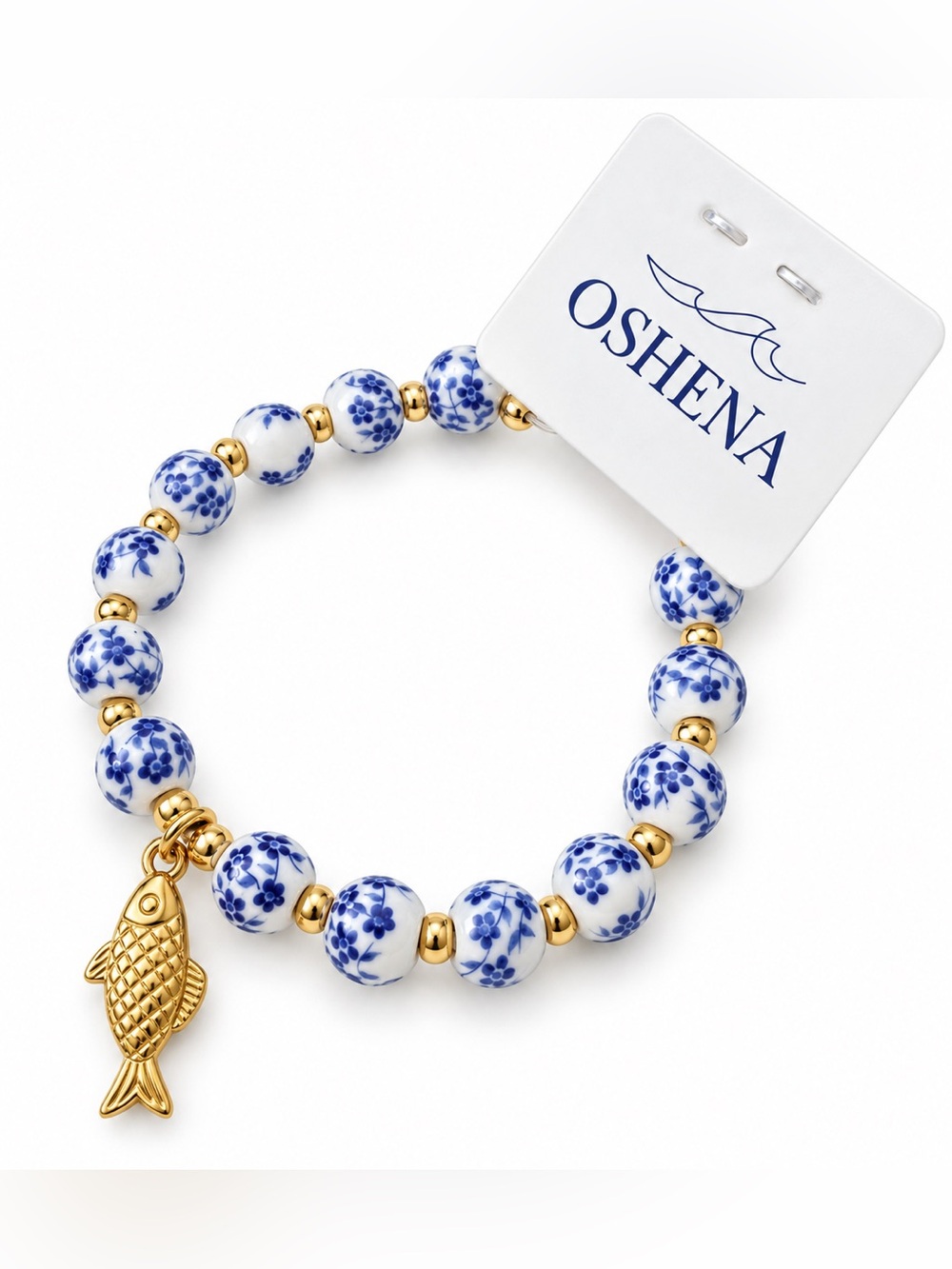Oshena Blue & White Floral‎ Bead Bracelet with Gold Fish Charm